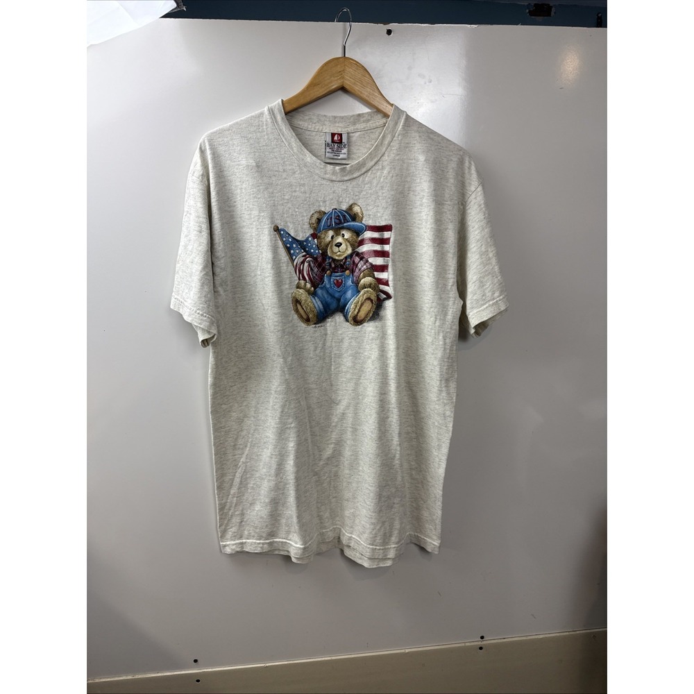 Patriotic Teddy Bear USA Flag Graphic T-Shirt Mens L Bay Side Heavy Weight